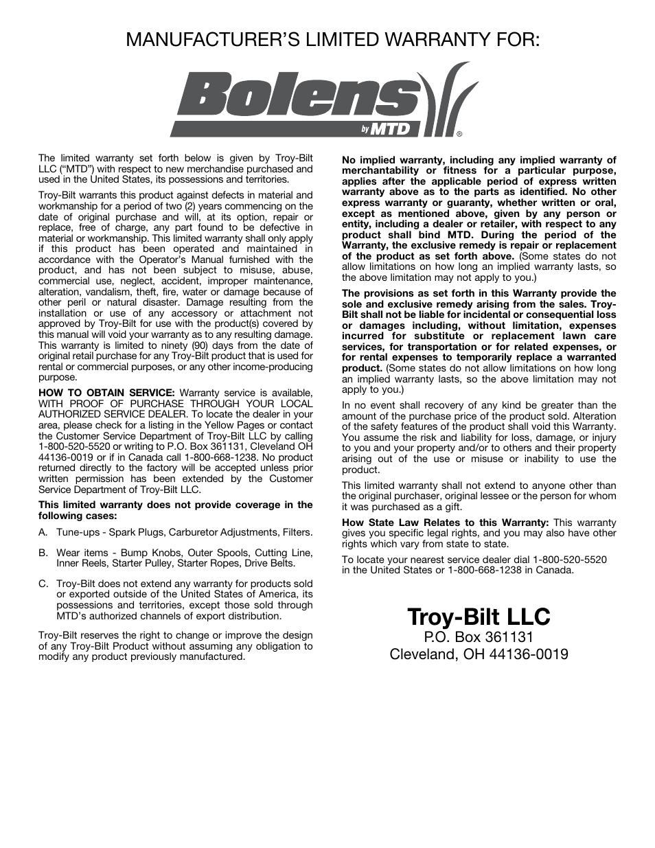Troy-bilt llc, Manufacturer’s limited warranty for | Bolens BL410 User Manual | Page 20 / 64