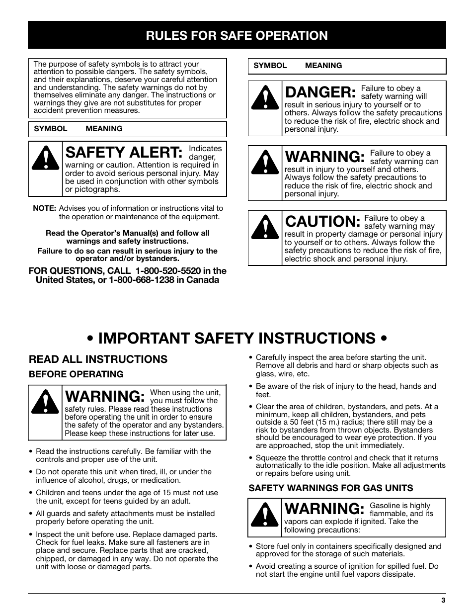 Warning: • important safety instructions, Warning, Danger | Caution, Safety alert, Rules for safe operation, Read all instructions | Bolens BL410 User Manual | Page 3 / 64