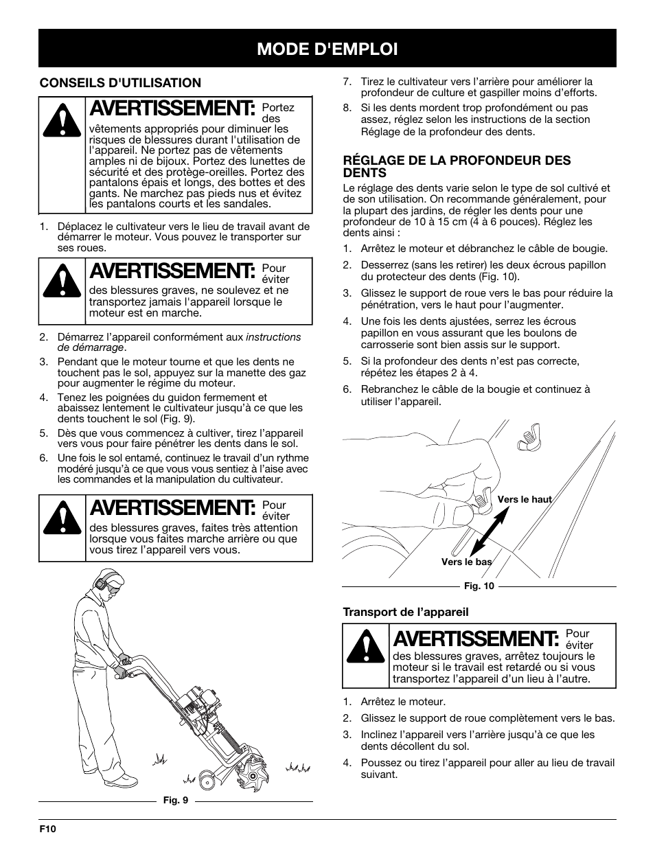 Avertissement, Mode d'emploi | Bolens BL410 User Manual | Page 30 / 64