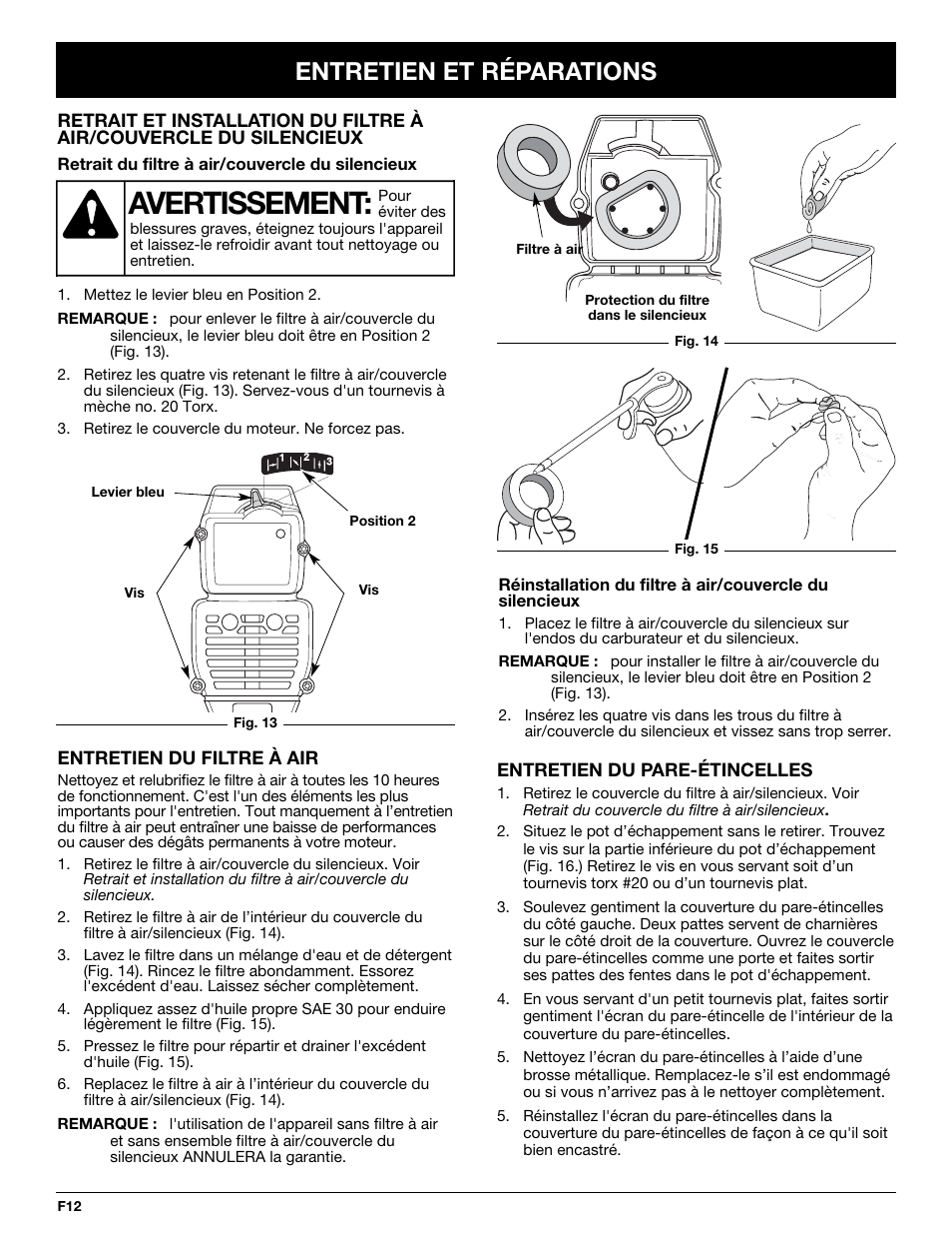 Avertissement, Entretien et réparations | Bolens BL410 User Manual | Page 32 / 64