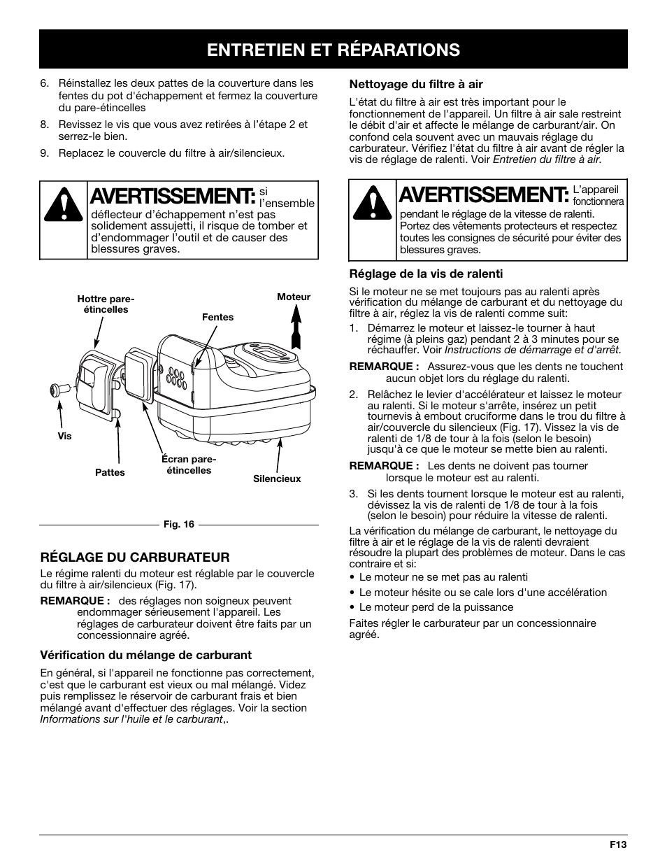 Avertissement, Entretien et réparations | Bolens BL410 User Manual | Page 33 / 64