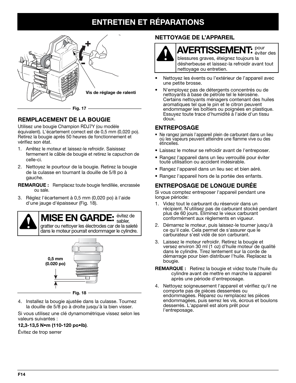 Avertissement, Mise en garde, Entretien et réparations | Bolens BL410 User Manual | Page 34 / 64