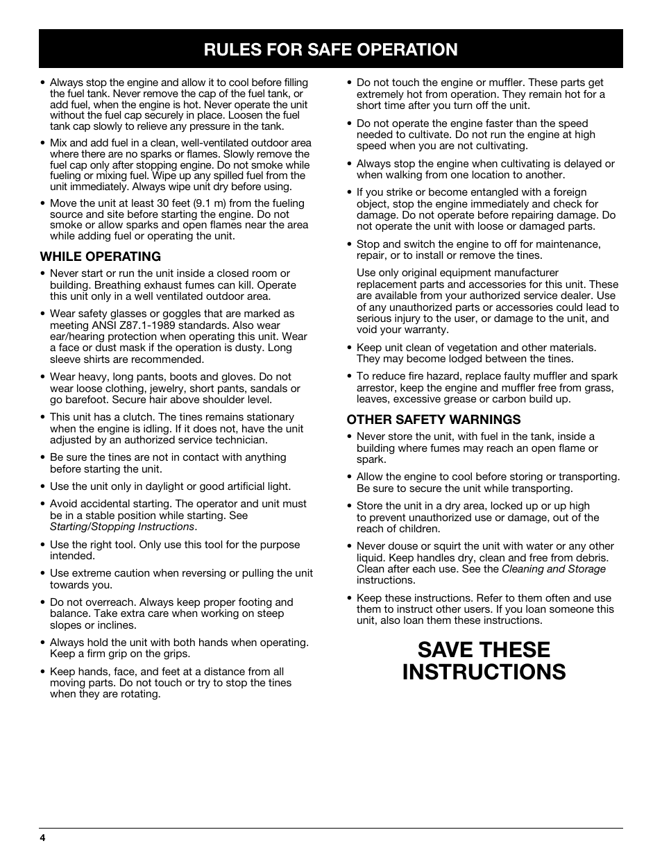 Save these instructions, Rules for safe operation | Bolens BL410 User Manual | Page 4 / 64