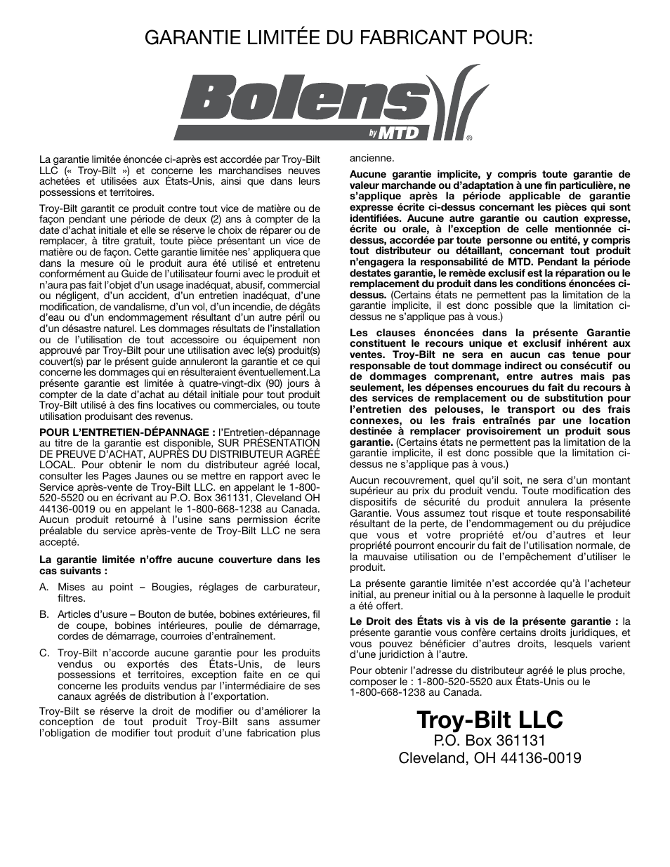 Troy-bilt llc, Garantie limitée du fabricant pour | Bolens BL410 User Manual | Page 40 / 64