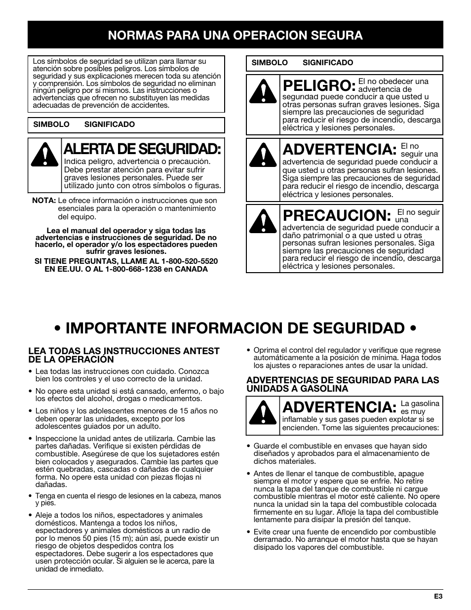 Importante informacion de seguridad, Advertencia, Peligro | Precaucion, Alerta de seguridad, Normas para una operacion segura | Bolens BL410 User Manual | Page 43 / 64