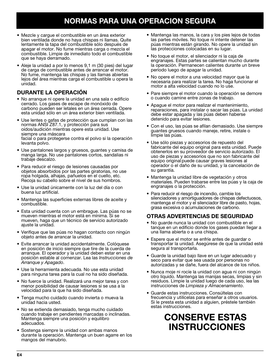 Conserve estas instrucciones, Normas para una operacion segura | Bolens BL410 User Manual | Page 44 / 64