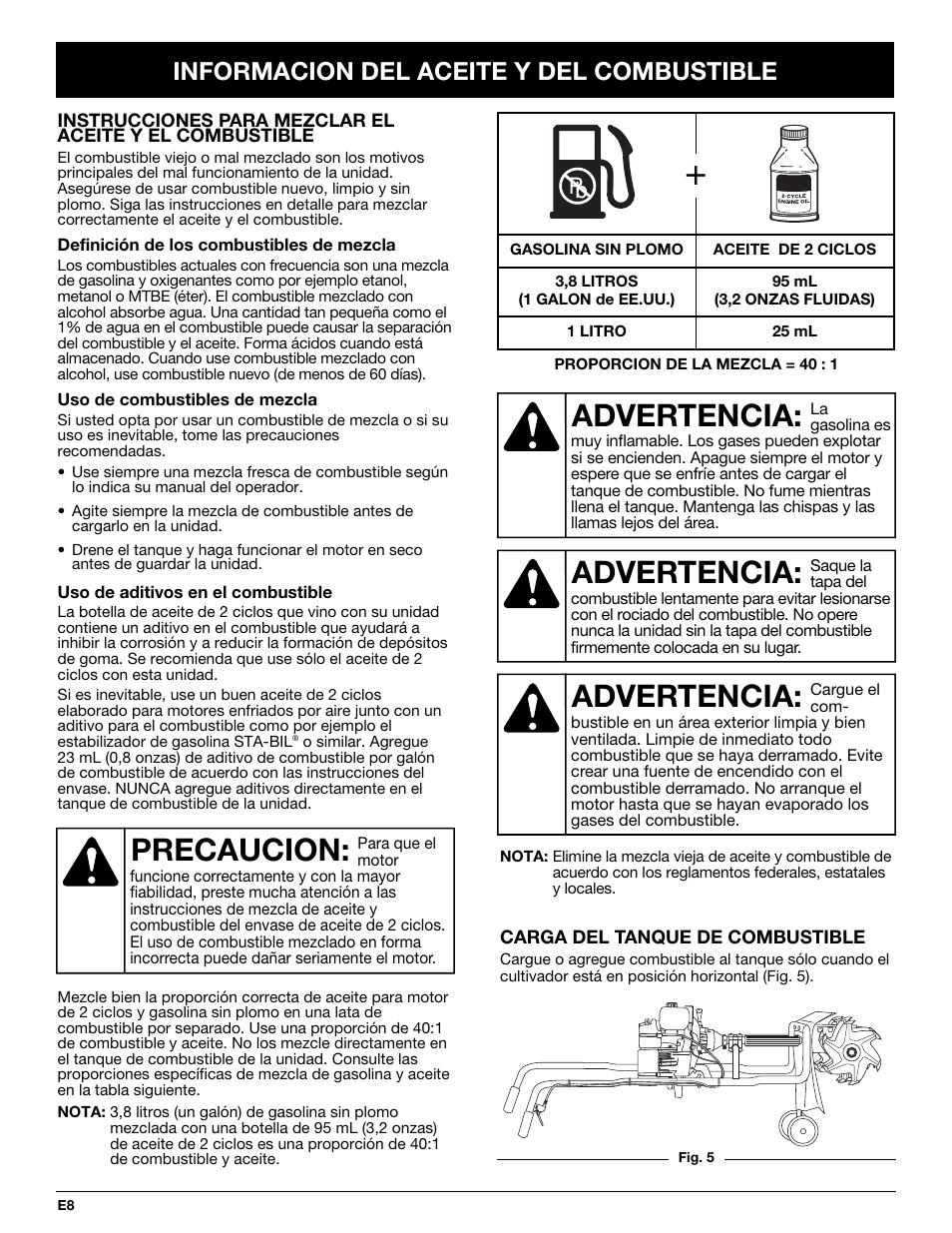 Precaucion, Advertencia, Informacion del aceite y del combustible | Bolens BL410 User Manual | Page 48 / 64