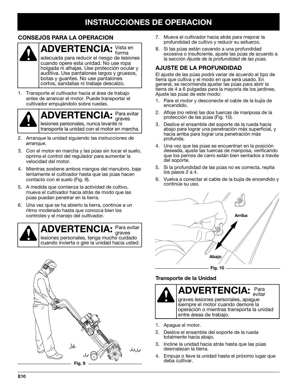 Advertencia, Instrucciones de operacion | Bolens BL410 User Manual | Page 50 / 64