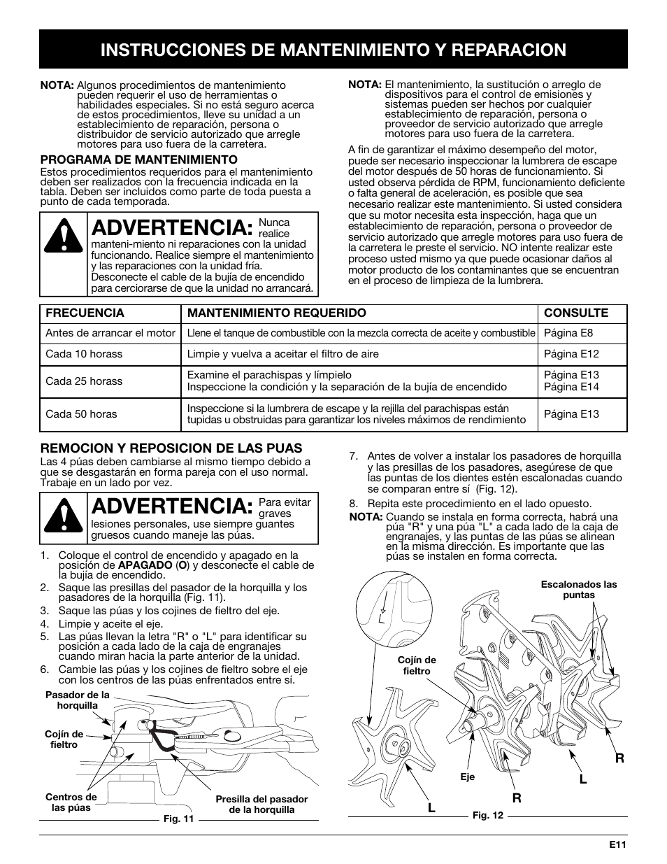 Advertencia, Instrucciones de mantenimiento y reparacion | Bolens BL410 User Manual | Page 51 / 64