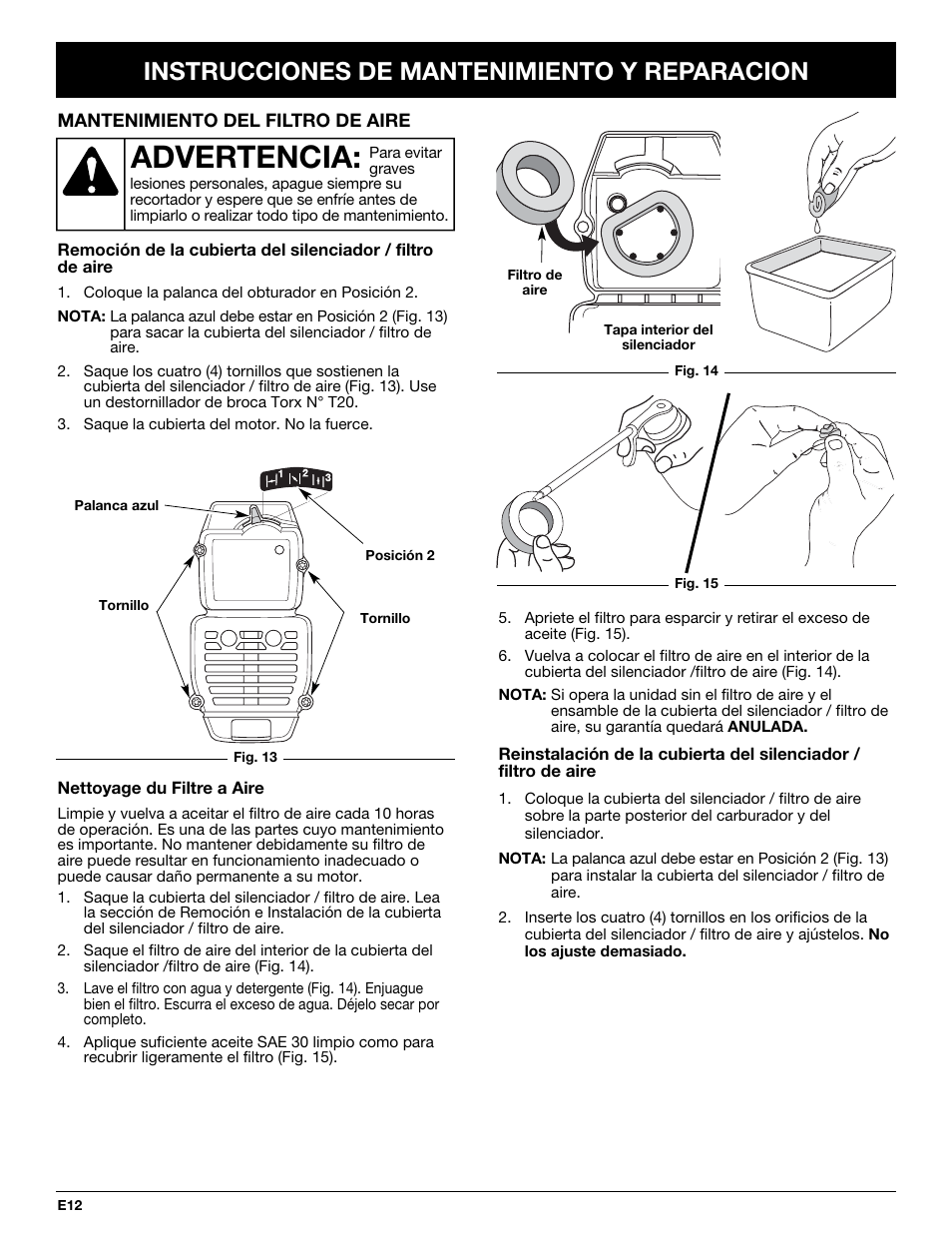 Advertencia, Instrucciones de mantenimiento y reparacion | Bolens BL410 User Manual | Page 52 / 64