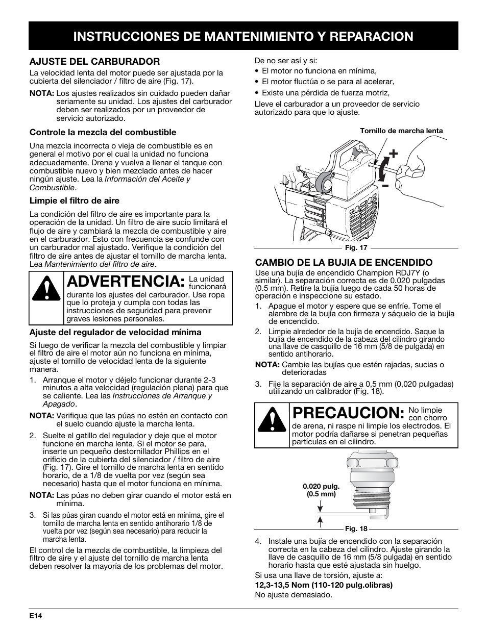 Advertencia, Precaucion, Instrucciones de mantenimiento y reparacion | Bolens BL410 User Manual | Page 54 / 64