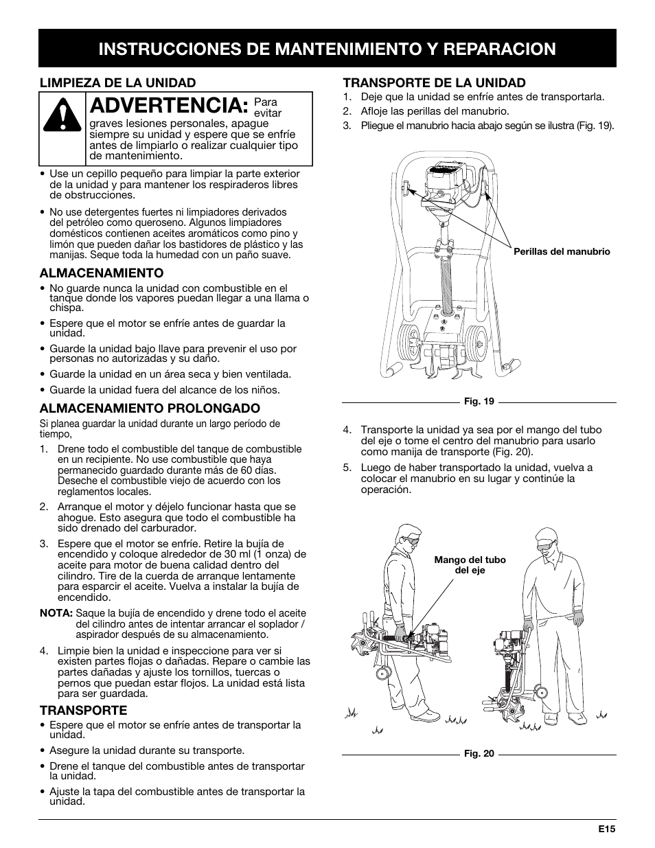 Advertencia, Instrucciones de mantenimiento y reparacion | Bolens BL410 User Manual | Page 55 / 64