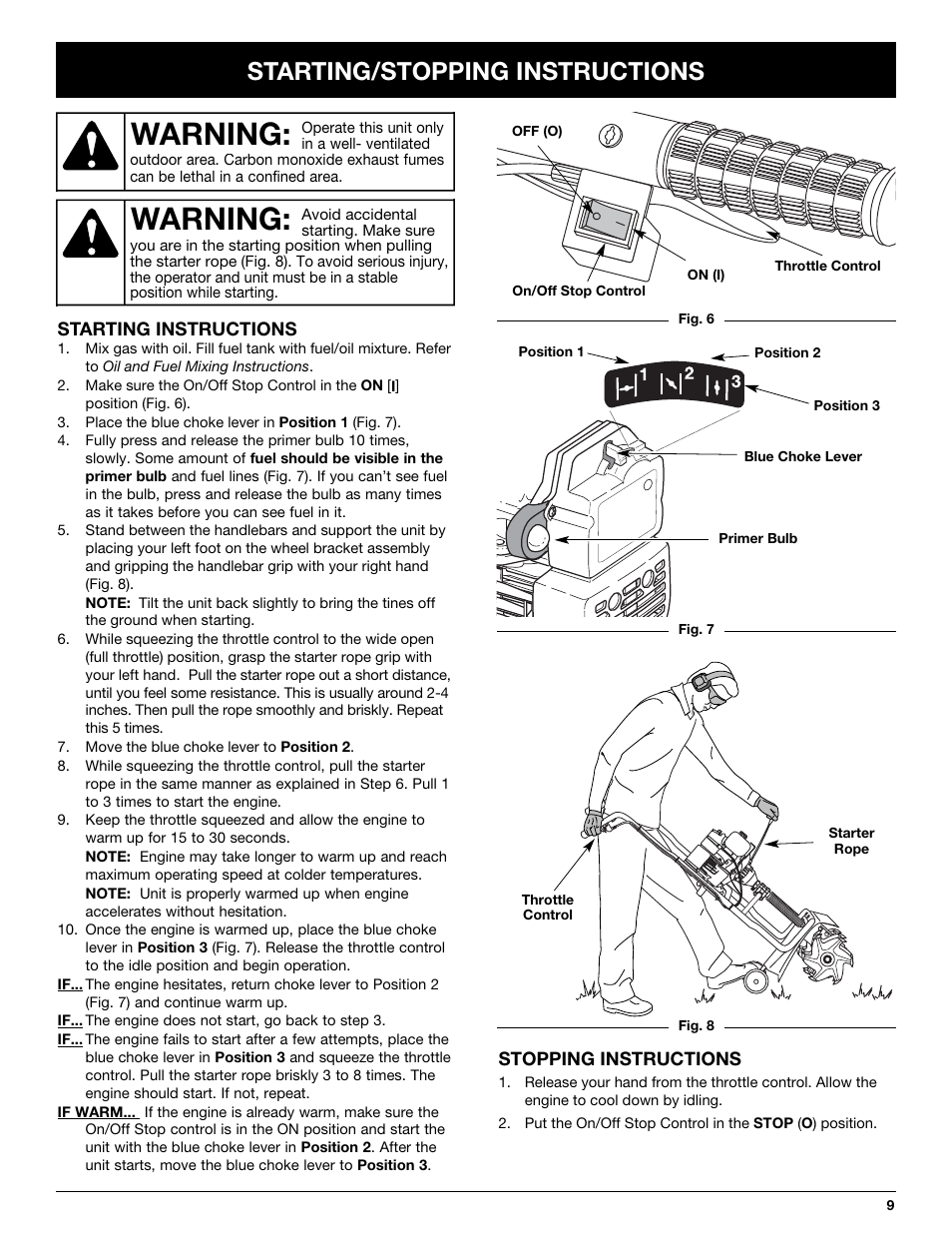 Warning, Starting/stopping instructions | Bolens BL410 User Manual | Page 9 / 64