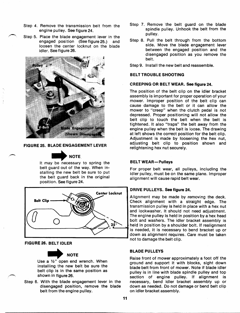 Note, Belt trouble shooting, Creeping or belt wear. see figure 24 | Belt wear—pulleys, Drive pulleys. see figure 24, Blade pulleys | Bolens 137-360-300 User Manual | Page 11 / 24