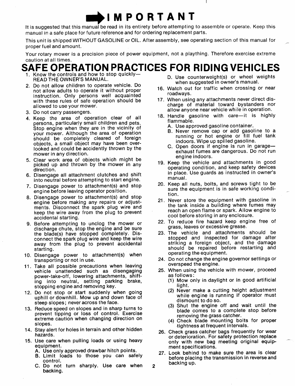 Safe operation practices for riding vehicles | Bolens 137-360-300 User Manual | Page 2 / 24