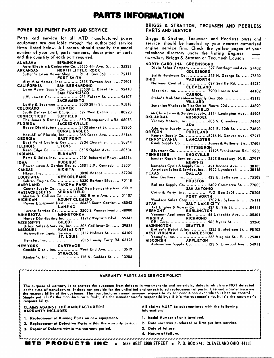 Power equipment partsand service, Parts information, Gasoline | Bolens 137-360-300 User Manual | Page 24 / 24