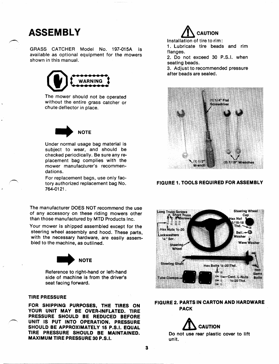 Assembly, Warning i, A caution | Figure 1. tools required for assembly, Tirepressure | Bolens 137-360-300 User Manual | Page 3 / 24