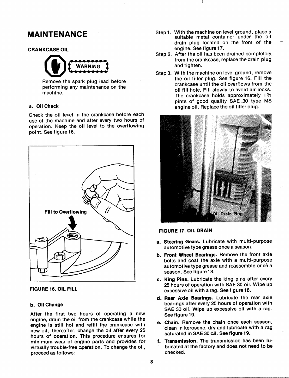 Maintenance, Crankcase oil, I warning | A. oil check, B. oil change | Bolens 137-360-300 User Manual | Page 8 / 24