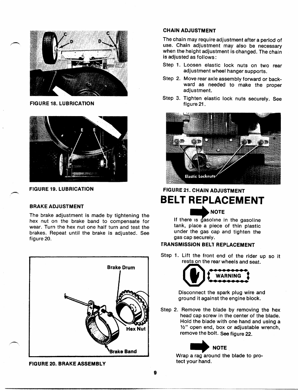 Brake adjustment, Chain adjustment, Note | Transmission belt replacement, Warning, Figure 20. brake assembly, Belt replacement | Bolens 137-360-300 User Manual | Page 9 / 24