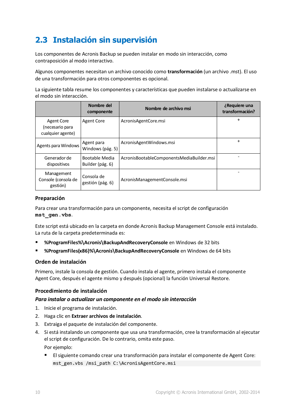 3 instalación sin supervisión | Acronis Backup for PC - Installation Guide User Manual | Page 10 / 19