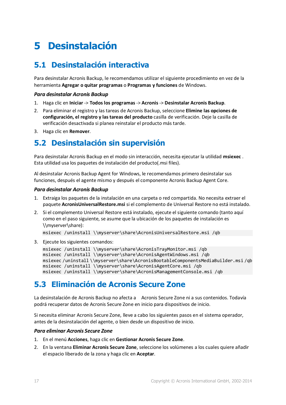 5 desinstalación, 1 desinstalación interactiva, 2 desinstalación sin supervisión | 3 eliminación de acronis secure zone | Acronis Backup for PC - Installation Guide User Manual | Page 17 / 19