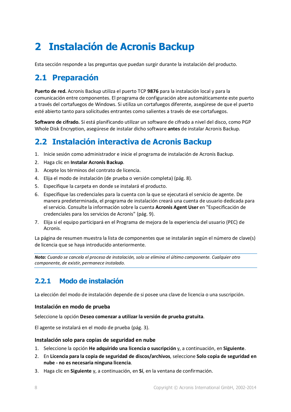 2 instalación de acronis backup, 1 preparación, 2 instalación interactiva de acronis backup | 1 modo de instalación, Modo de instalación | Acronis Backup for PC - Installation Guide User Manual | Page 8 / 19