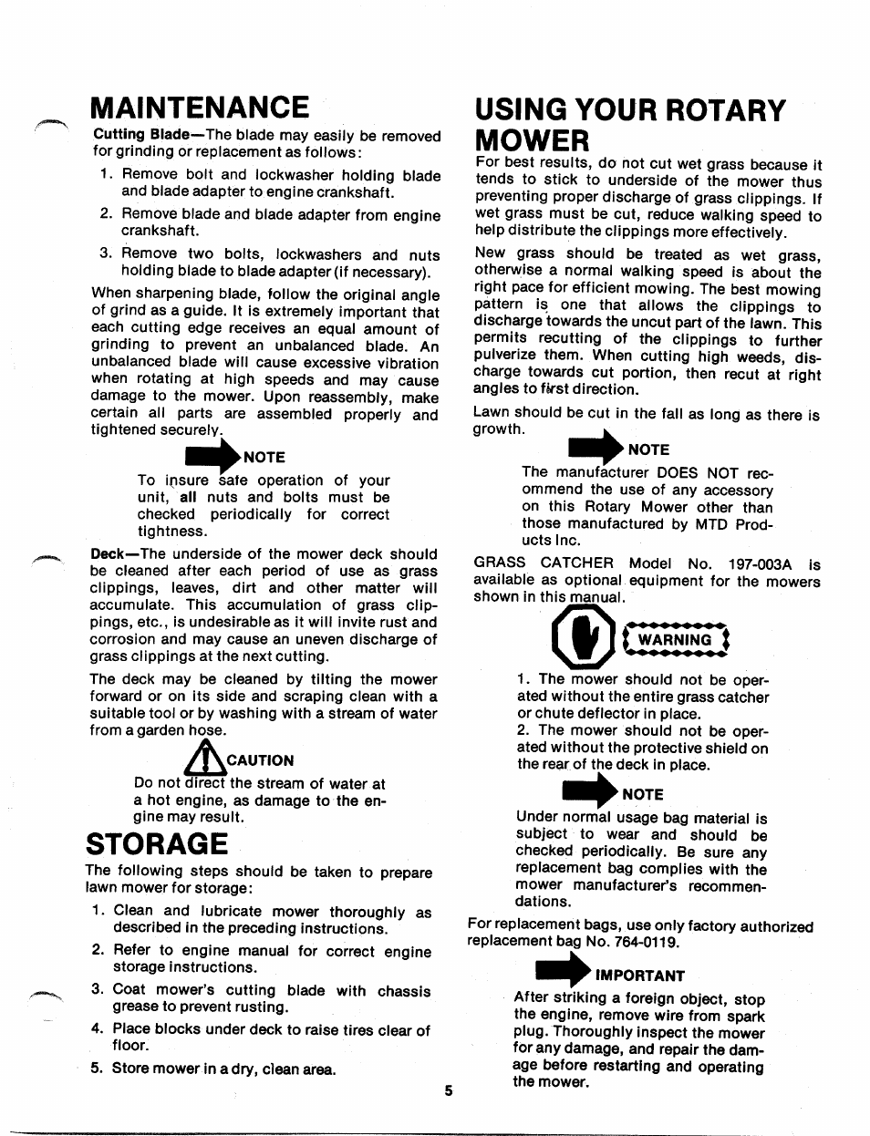 Maintenance, Note, Caution | Storage, Using your rotary mower, Warning, Important | Bolens 117-030A User Manual | Page 5 / 8