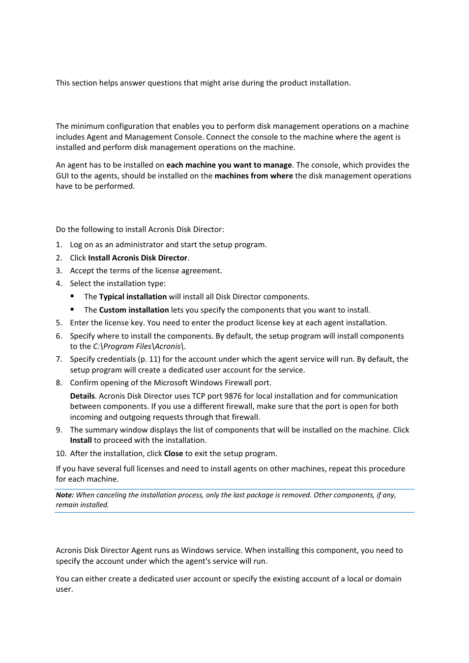 2 installation, Installation, Where to install the components | Installation procedure, Specifying credentials for acronis services, 1 where to install the components, 2 installation procedure, 3 specifying credentials for acronis services | Acronis Disk Director 11 Advanced Server - User Guide User Manual | Page 11 / 94