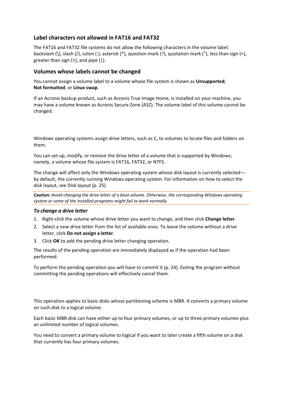 10 changing a drive letter, 11 converting a primary volume to logical, Changing a drive letter | Converting a primary volume to logical | Acronis Disk Director 11 Advanced Server - User Guide User Manual | Page 44 / 94