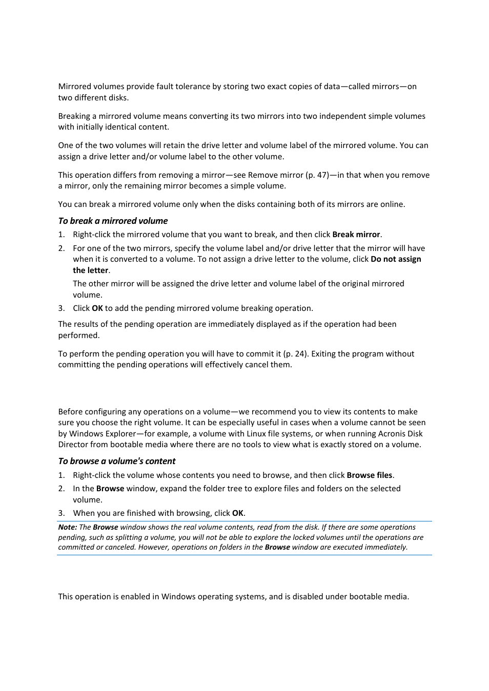 17 breaking a mirrored volume, 18 browsing a volume's content, 19 checking a volume for errors | Breaking a mirrored volume, Browsing a volume's content, Checking a volume for errors | Acronis Disk Director 11 Advanced Server - User Guide User Manual | Page 48 / 94