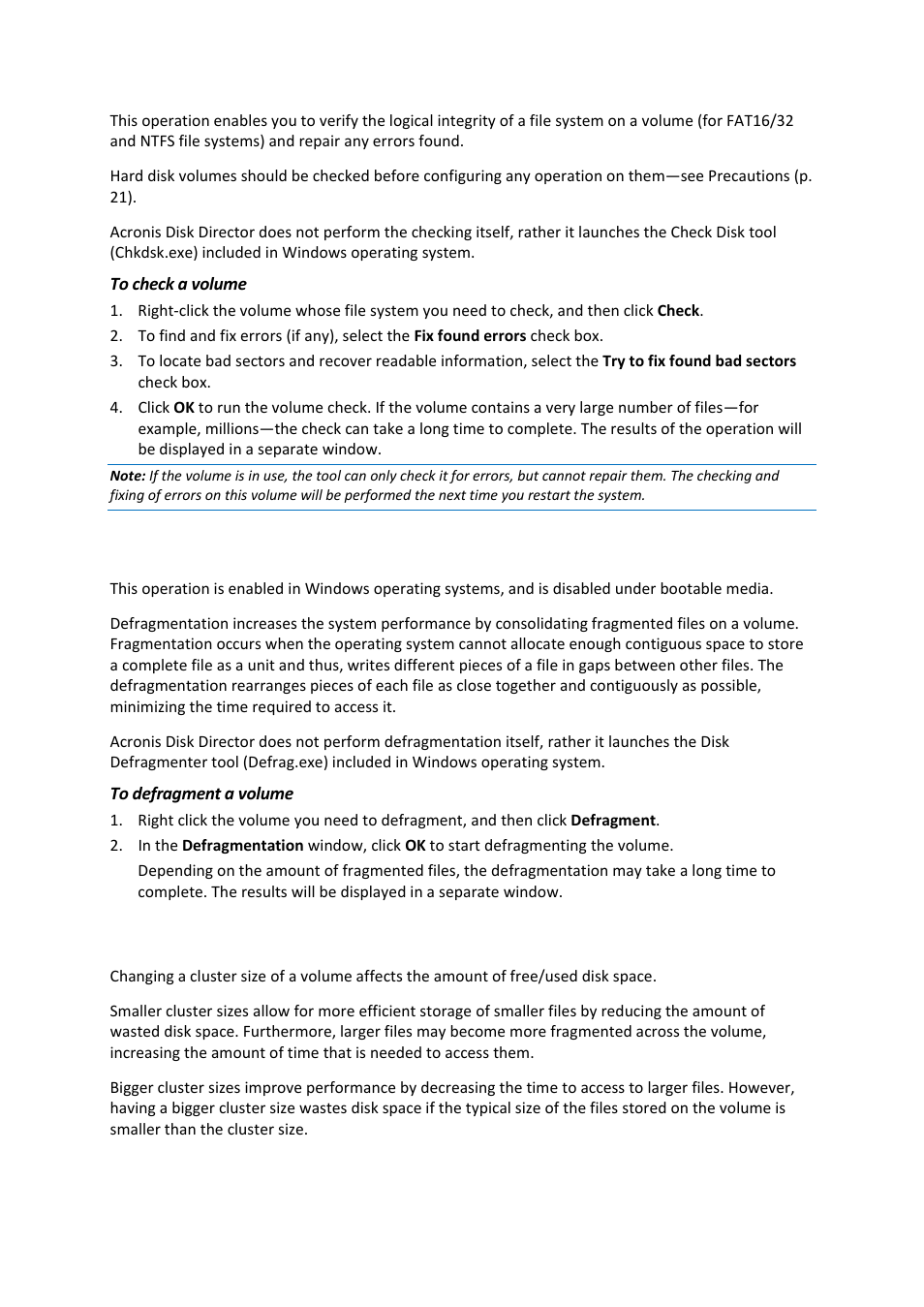 20 defragmenting a volume, 21 changing a cluster size, Defragmenting a volume | Changing a cluster size | Acronis Disk Director 11 Advanced Server - User Guide User Manual | Page 49 / 94