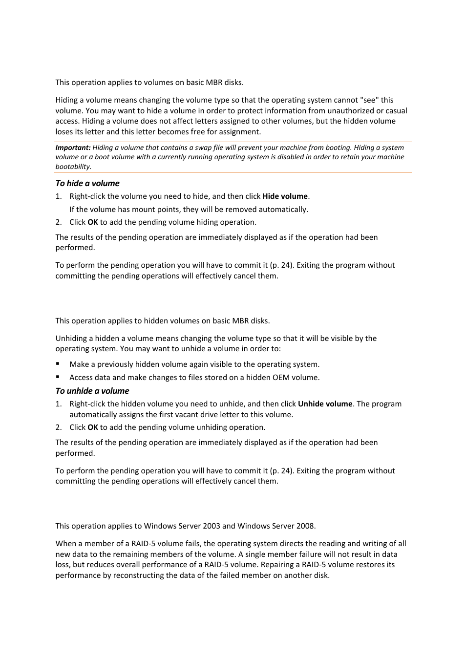 23 hiding a volume, 24 unhiding a volume, 25 repairing a raid-5 volume | Hiding a volume, Unhiding a volume, Repairing a raid-5 volume | Acronis Disk Director 11 Advanced Server - User Guide User Manual | Page 51 / 94