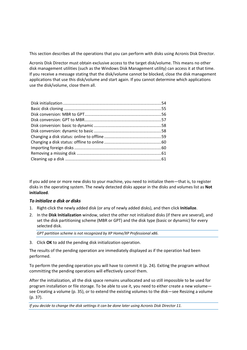 7 disk operations, 1 disk initialization, Disk operations | Disk initialization | Acronis Disk Director 11 Advanced Server - User Guide User Manual | Page 54 / 94