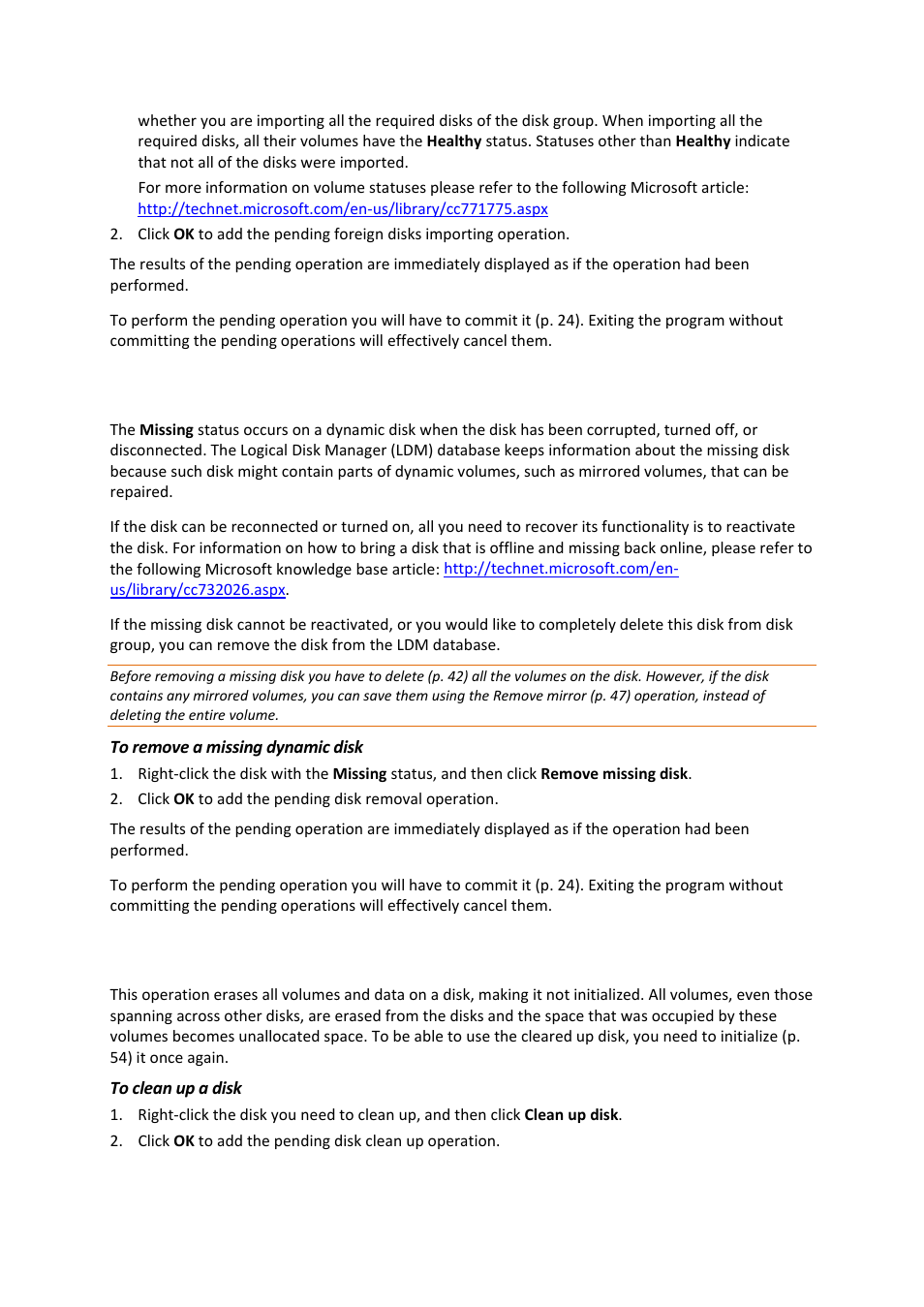 10 removing a missing disk, 11 cleaning up a disk, 10 removing a missing disk 7.11 cleaning up a disk | Removing a missing disk, Cleaning up a disk | Acronis Disk Director 11 Advanced Server - User Guide User Manual | Page 61 / 94