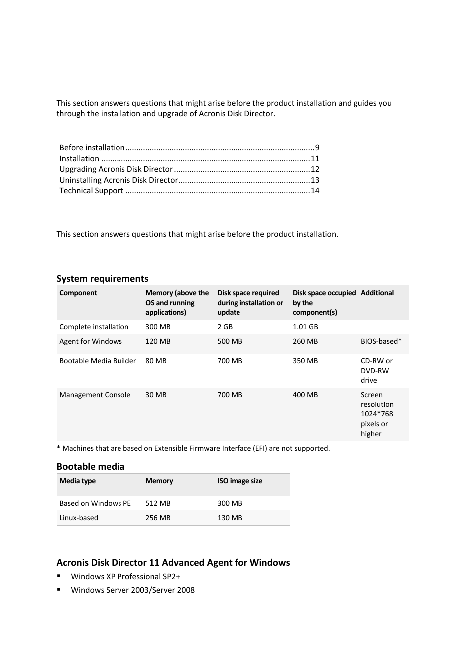3 installation and upgrade, 1 before installation, Installation and upgrade | Before installation, System requirements, Supported operating systems, 1 system requirements, 2 supported operating systems | Acronis Disk Director 11 Advanced Server - User Guide User Manual | Page 9 / 94