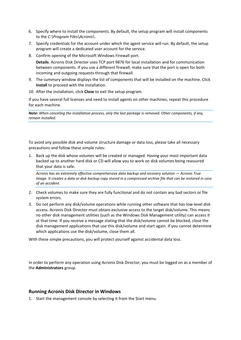 7 precautions, 8 user privileges, 9 running acronis disk director | Acronis Disk Director 11 Advanced Workstation - Quick Start Guide User Manual | Page 8 / 11