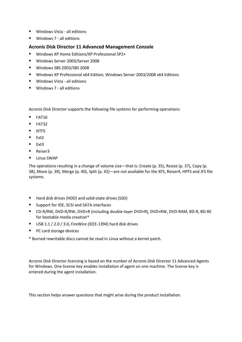 2 installation, Supported file systems, Supported media | Licensing policy, Installation, 3 supported file systems, 4 supported media, 5 licensing policy | Acronis Disk Director 11 Advanced Workstation - User Guide User Manual | Page 10 / 93