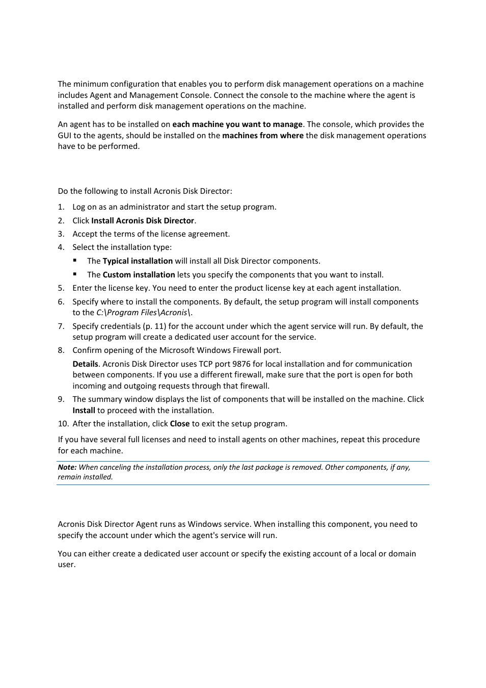 Where to install the components, Installation procedure, Specifying credentials for acronis services | 1 where to install the components, 2 installation procedure, 3 specifying credentials for acronis services | Acronis Disk Director 11 Advanced Workstation - User Guide User Manual | Page 11 / 93