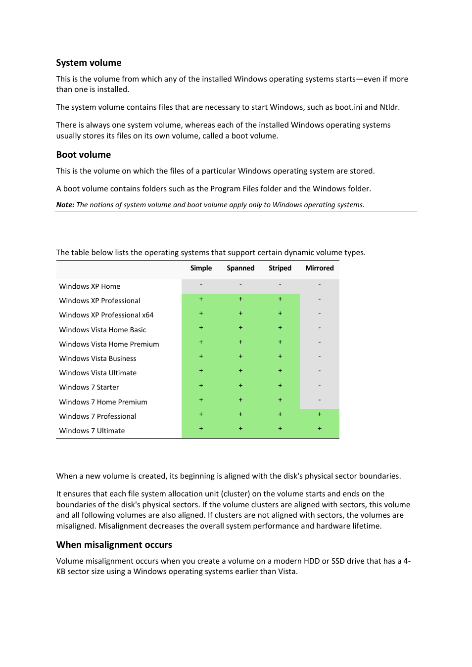 5 dynamic volume types support, Dynamic volume types support, Volume alignment in disks with a 4-kb sector size | System volume, Boot volume, When misalignment occurs | Acronis Disk Director 11 Advanced Workstation - User Guide User Manual | Page 18 / 93