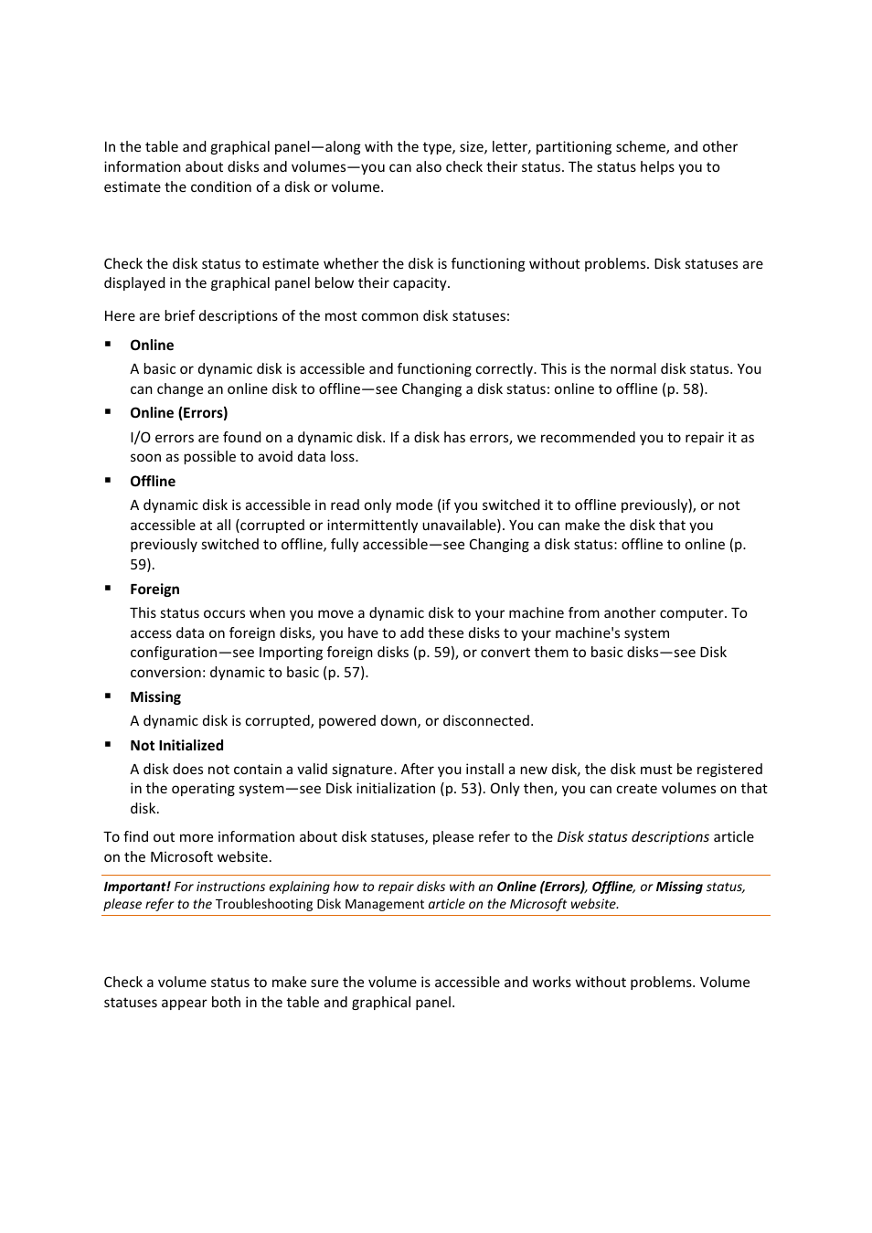 3 disk and volume information, Disk statuses, Volume statuses | Acronis Disk Director 11 Advanced Workstation - User Guide User Manual | Page 26 / 93