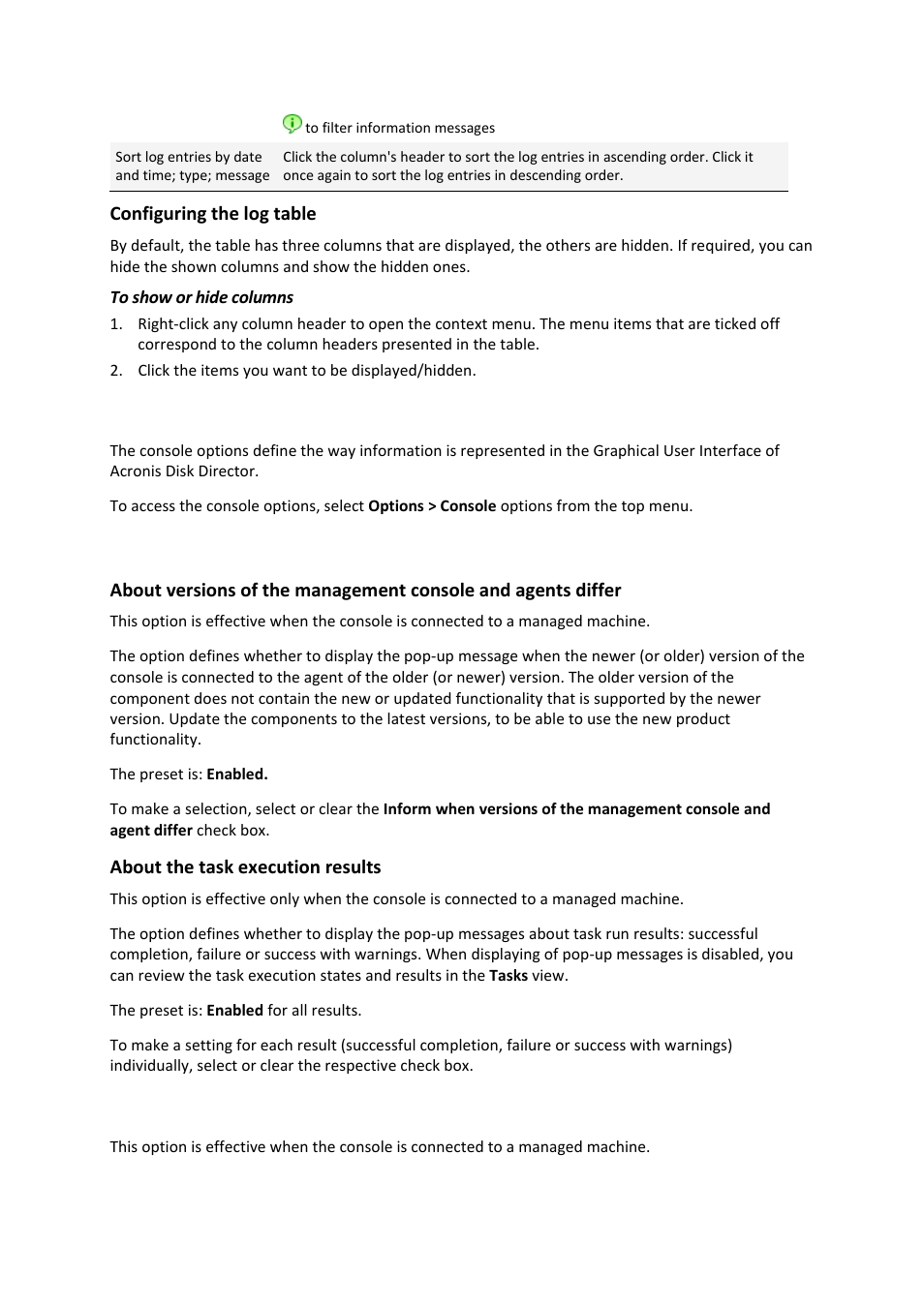 Console options, 4 console options, 1 pop-up messages | 2 fonts | Acronis Disk Director 11 Advanced Workstation - User Guide User Manual | Page 31 / 93