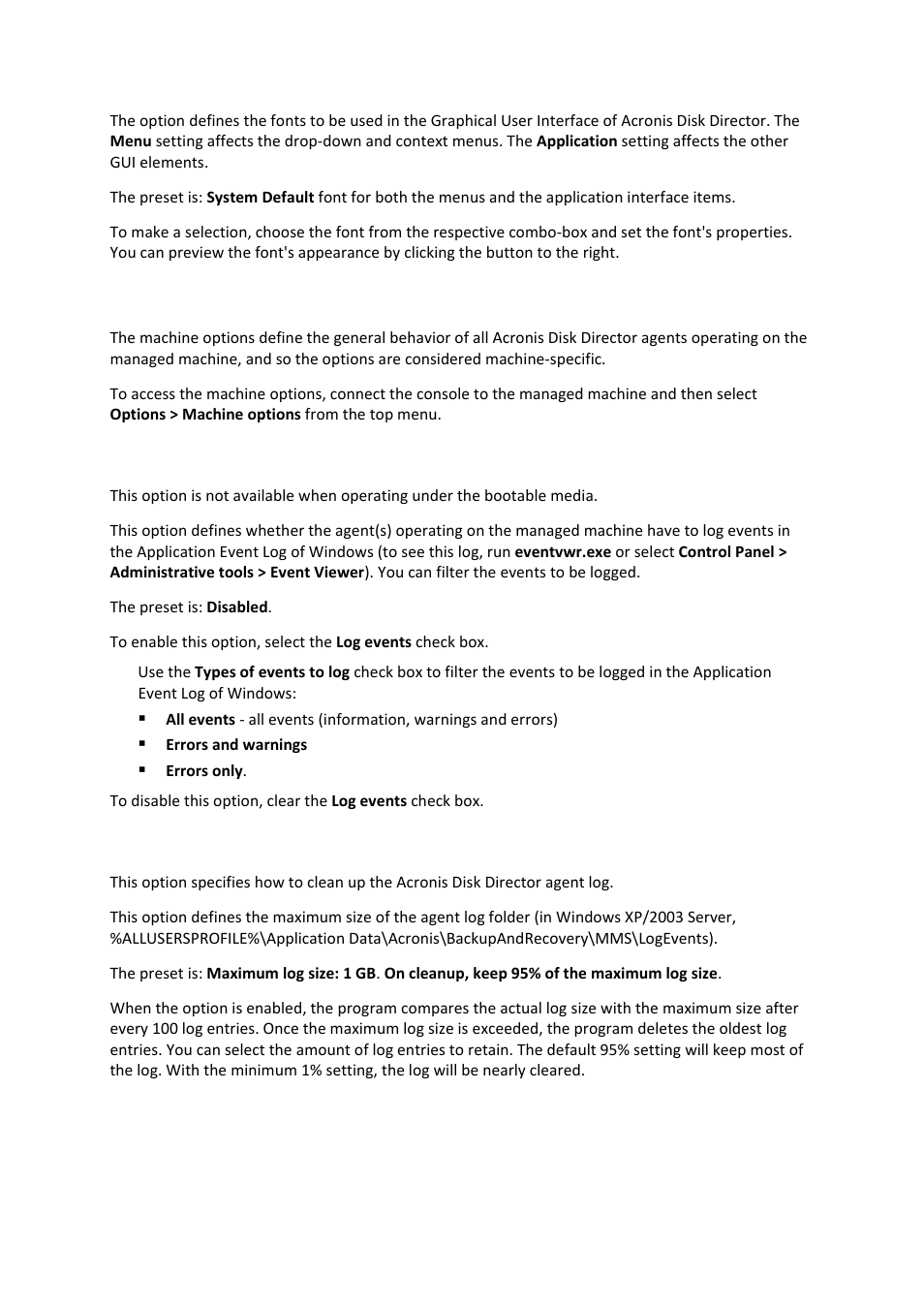 Machine options, 5 machine options, 1 windows event log | 2 log cleanup rules | Acronis Disk Director 11 Advanced Workstation - User Guide User Manual | Page 32 / 93