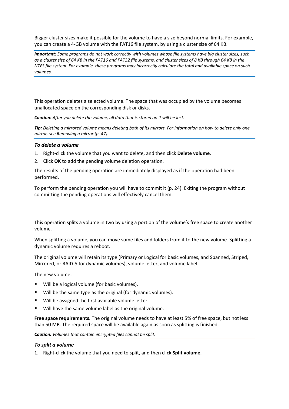 7 deleting a volume, 8 splitting a volume, Deleting a volume | Splitting a volume | Acronis Disk Director 11 Advanced Workstation - User Guide User Manual | Page 42 / 93