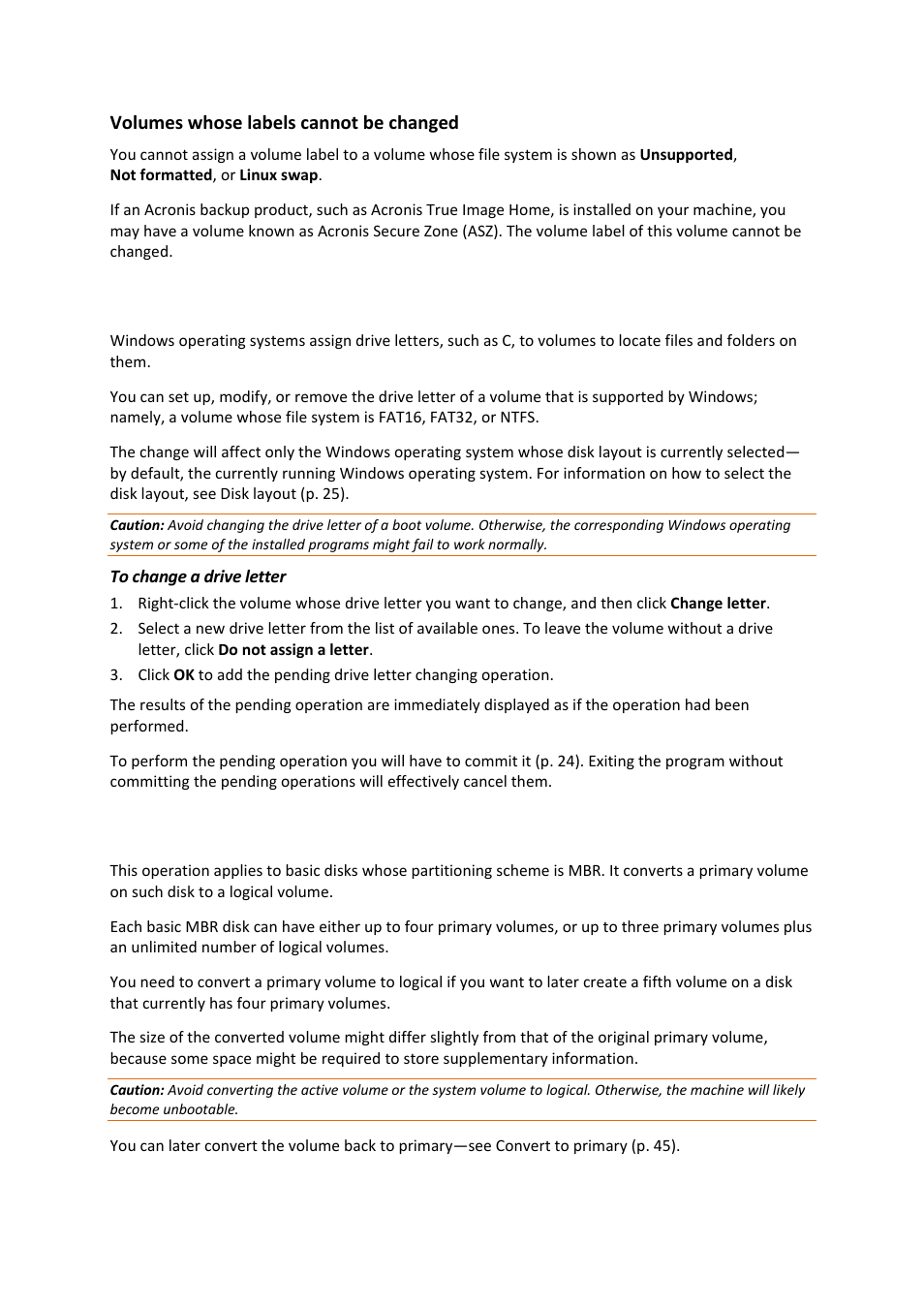10 changing a drive letter, 11 converting a primary volume to logical, Changing a drive letter | Converting a primary volume to logical | Acronis Disk Director 11 Advanced Workstation - User Guide User Manual | Page 44 / 93