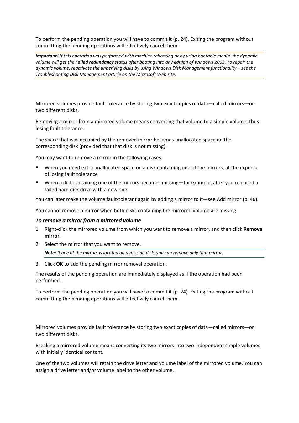 16 removing a mirror, 17 breaking a mirrored volume, Removing a mirror | Breaking a mirrored volume | Acronis Disk Director 11 Advanced Workstation - User Guide User Manual | Page 47 / 93