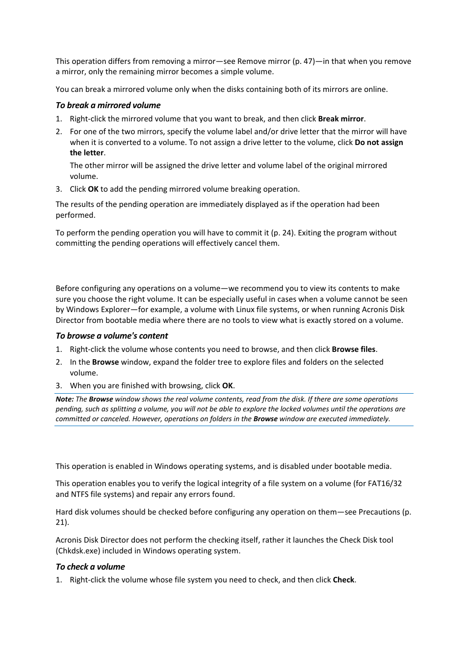 18 browsing a volume's content, 19 checking a volume for errors, Browsing a volume's content | Checking a volume for errors | Acronis Disk Director 11 Advanced Workstation - User Guide User Manual | Page 48 / 93