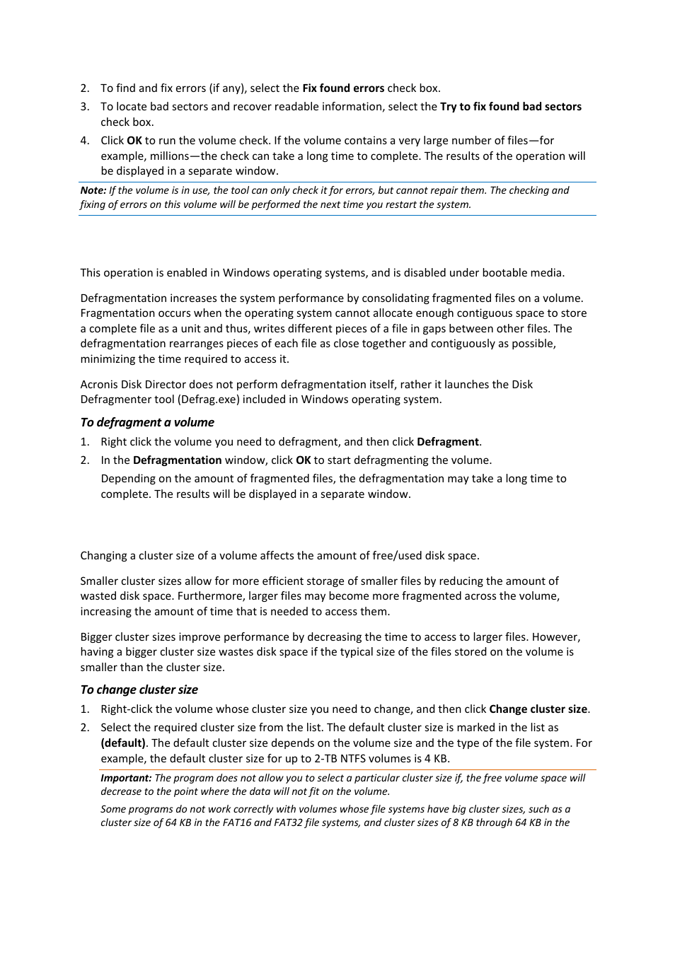 20 defragmenting a volume, 21 changing a cluster size, Defragmenting a volume | Changing a cluster size | Acronis Disk Director 11 Advanced Workstation - User Guide User Manual | Page 49 / 93