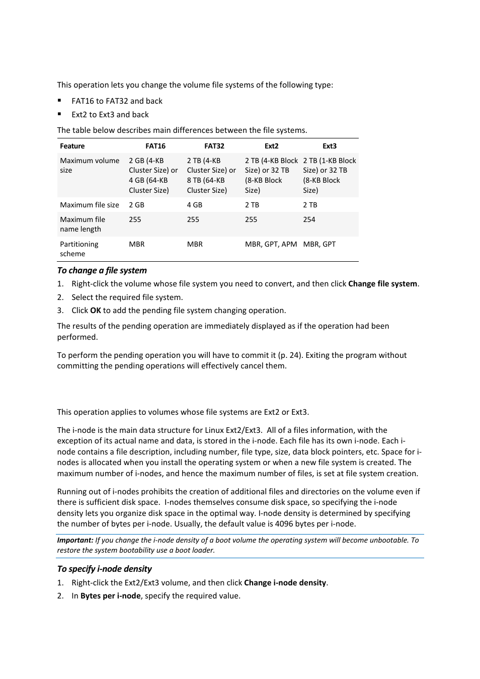 24 changing a file system, 25 specifying i-node density, Changing a file system | Specifying i-node density | Acronis Disk Director 11 Advanced Workstation - User Guide User Manual | Page 51 / 93