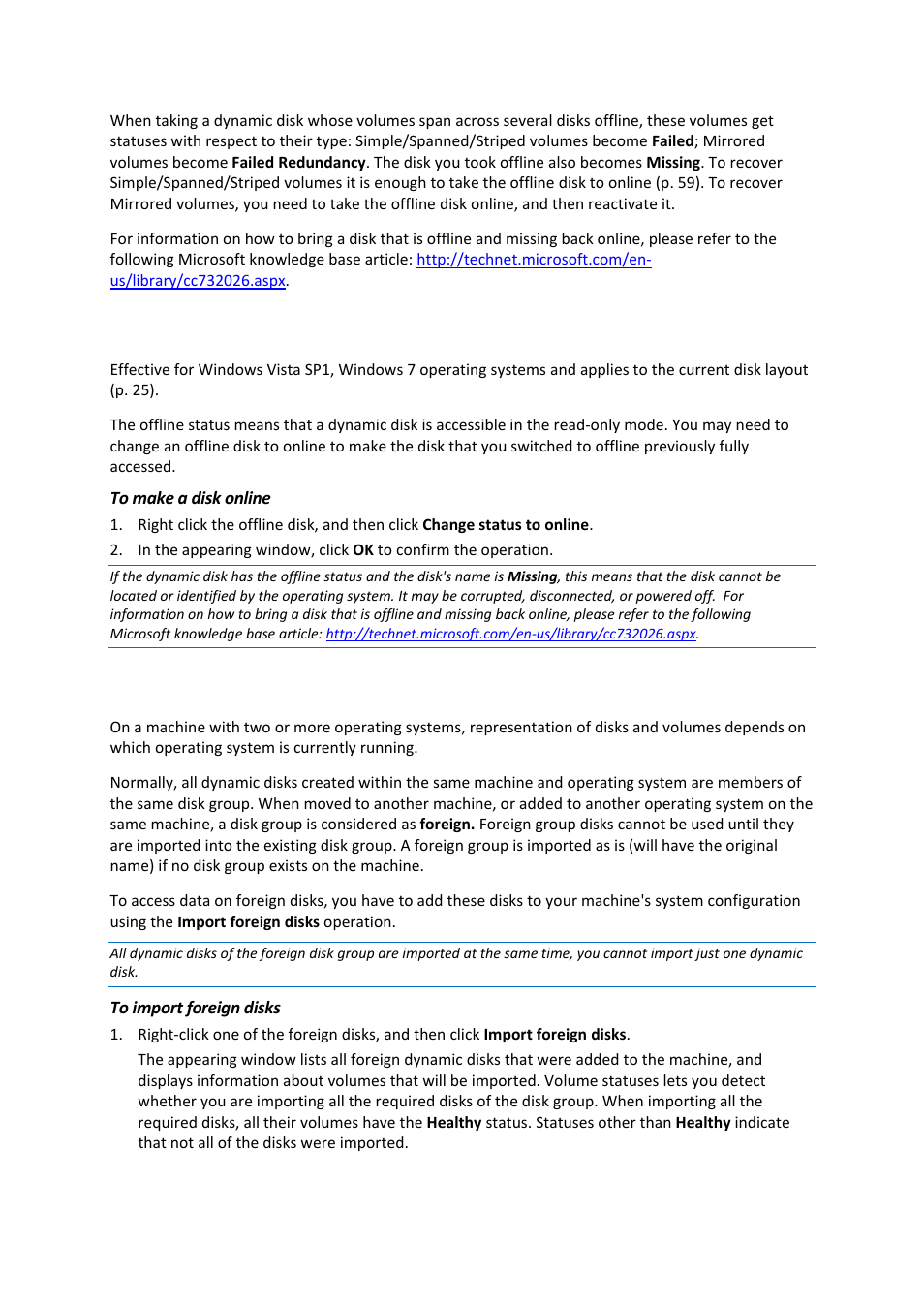 8 changing a disk status: offline to online, 9 importing foreign disks, Changing a disk status: offline to online | Importing foreign disks | Acronis Disk Director 11 Advanced Workstation - User Guide User Manual | Page 59 / 93