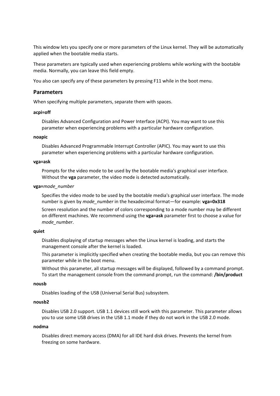 Kernel parameters | Acronis Disk Director 11 Advanced Workstation - User Guide User Manual | Page 65 / 93